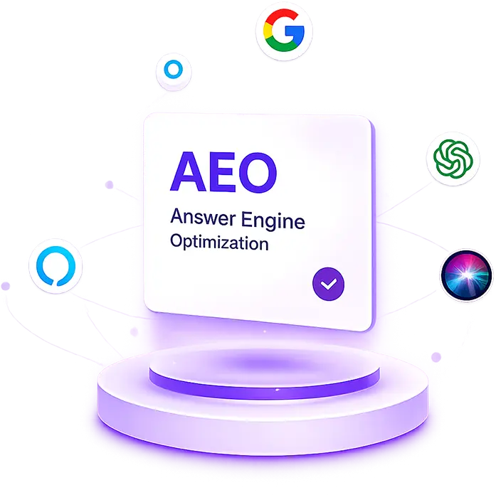 AEO concept illustration showing an AI-powered search and answer interface