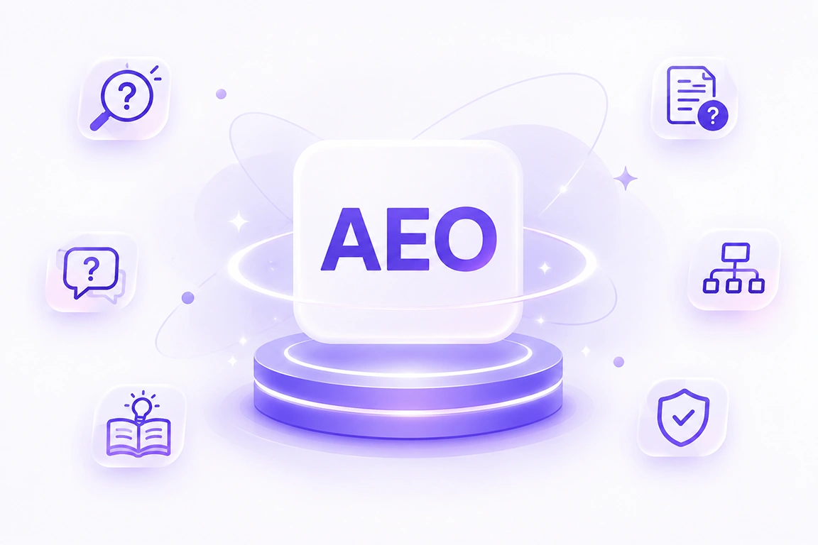 AEO illustration showing AI-powered search and content optimization