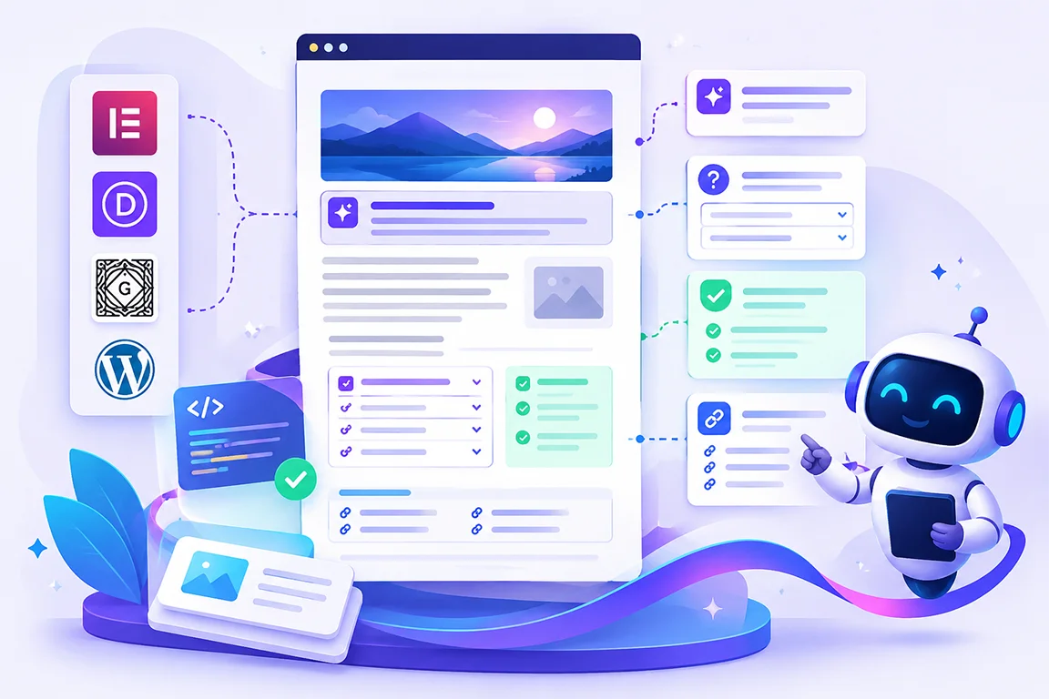 AISEOgic Audit Fixer working with Elementor Divi Gutenberg and WordPress themes